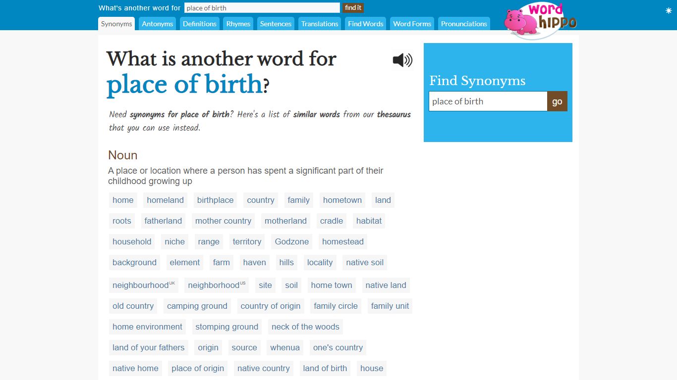 What is another word for place of birth - WordHippo